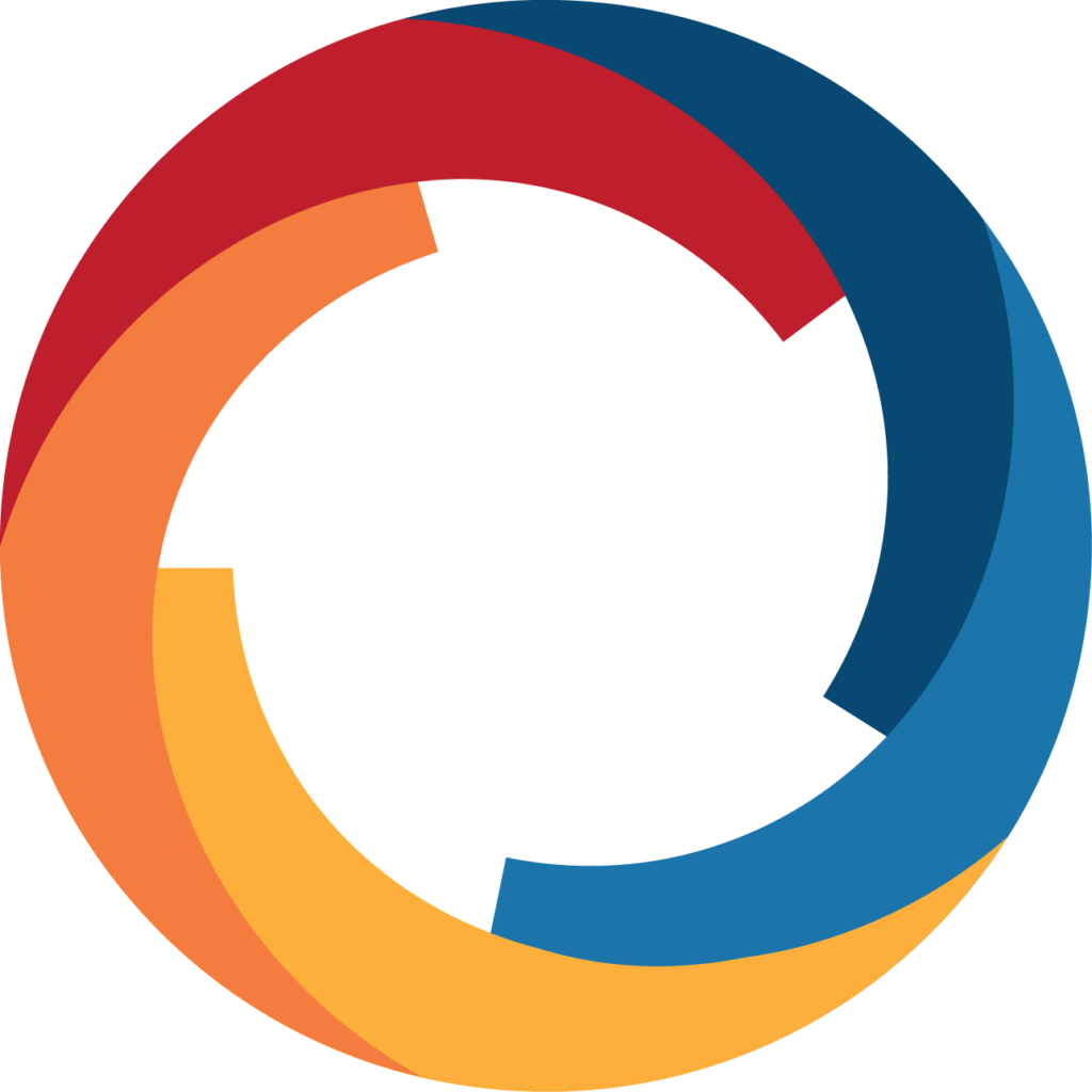 A circular logo with three colors in it.